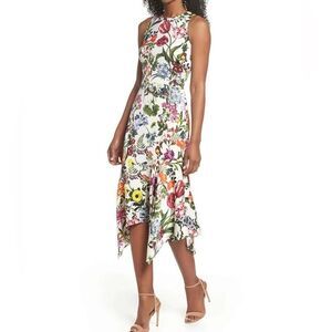 New Maggy London White Botanical Floral‎ Print Charmeuse Midi Dress 8